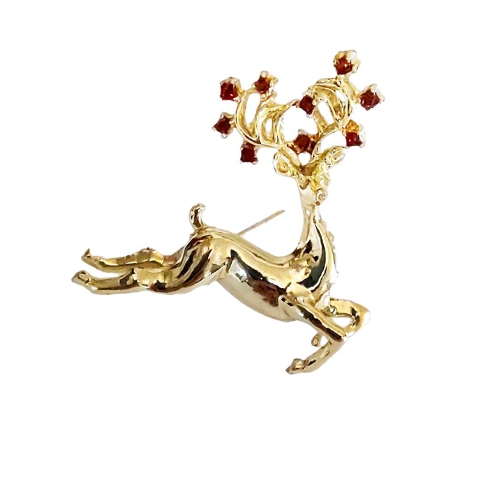 1960s True Vintage Gold Novelty Reindeer Pin With Bright Red Rhinestone Antlers